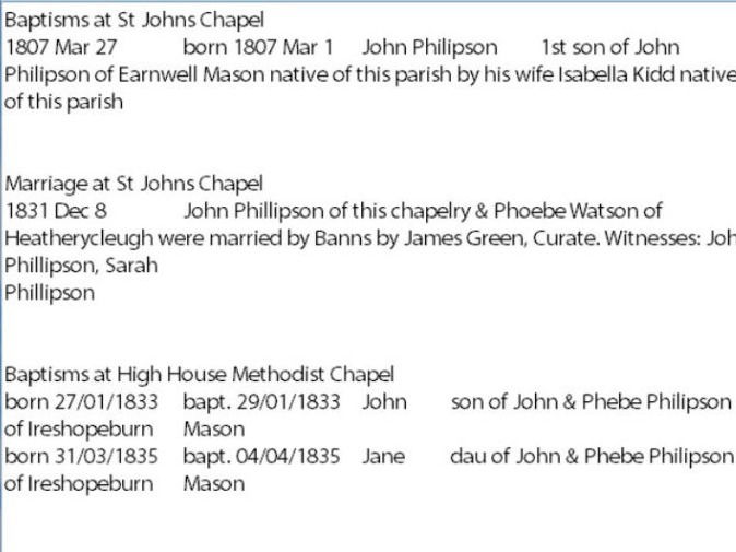 Search Results Notes of Baptisms, Marriages & Children