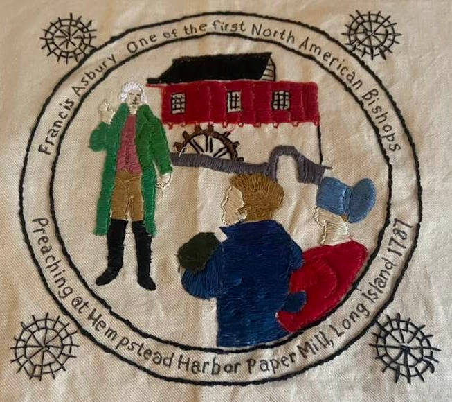 Susan stitched our Asbury panel in Long Island, USA, where Francis Asbury himself preached near this paper mill