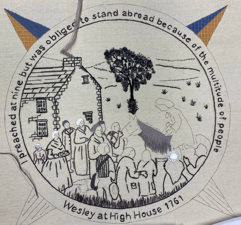 Work in progress: Jacqui uses simple lines to contrast with luscious texture in this panel showing John Wesley's first visit to High House Chapel